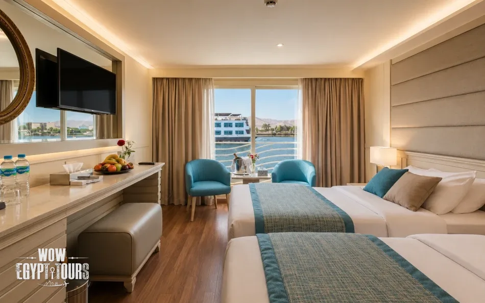 Double cabin with a large bed aboard Concerto Plus Nile Cruise