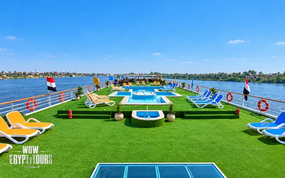 Outdoor sun deck with loungers aboard Al Hambra Nile Cruise