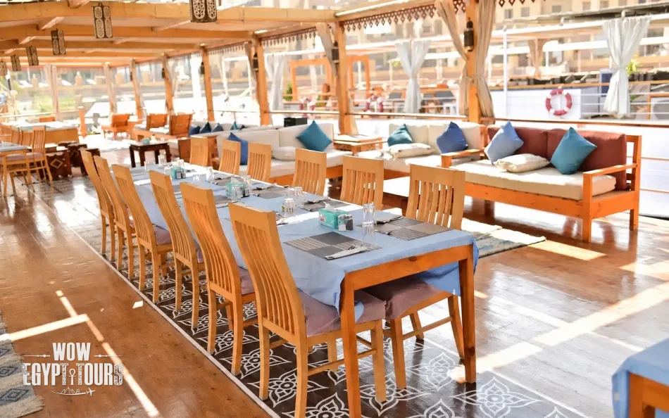 Dining table aboard Turquoise Dahabiya Nile Cruise