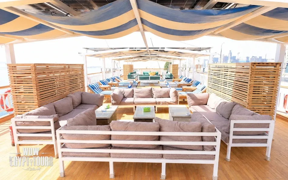 Shaded seating area on the sun deck of Gardenia Dahabiya Nile Cruise