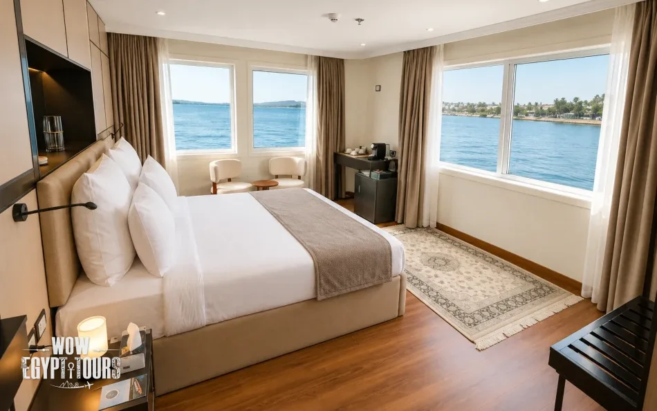 Spacious suite with Nile River views aboard Swan Dahabiya Nile Cruise