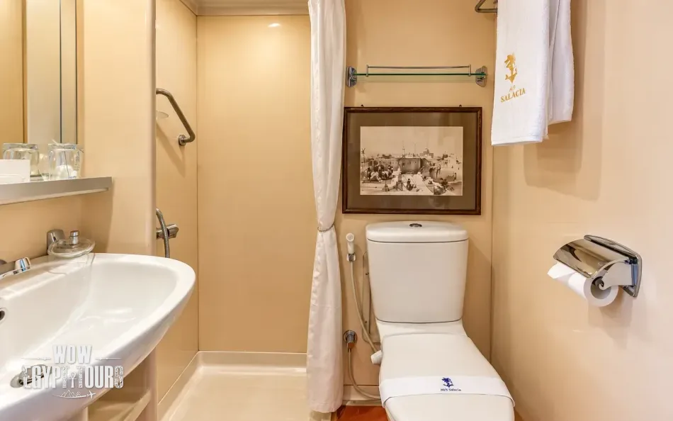 Private cabin bathroom aboard Salacia Nile Cruise