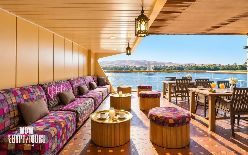 Outdoor lounge seating area overlooking the Nile aboard Alyssa Nile Cruise