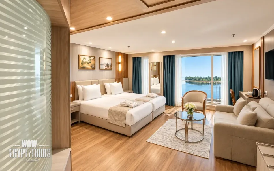 Spacious suite with seating area aboard Chateau Lafayette Nile Cruise