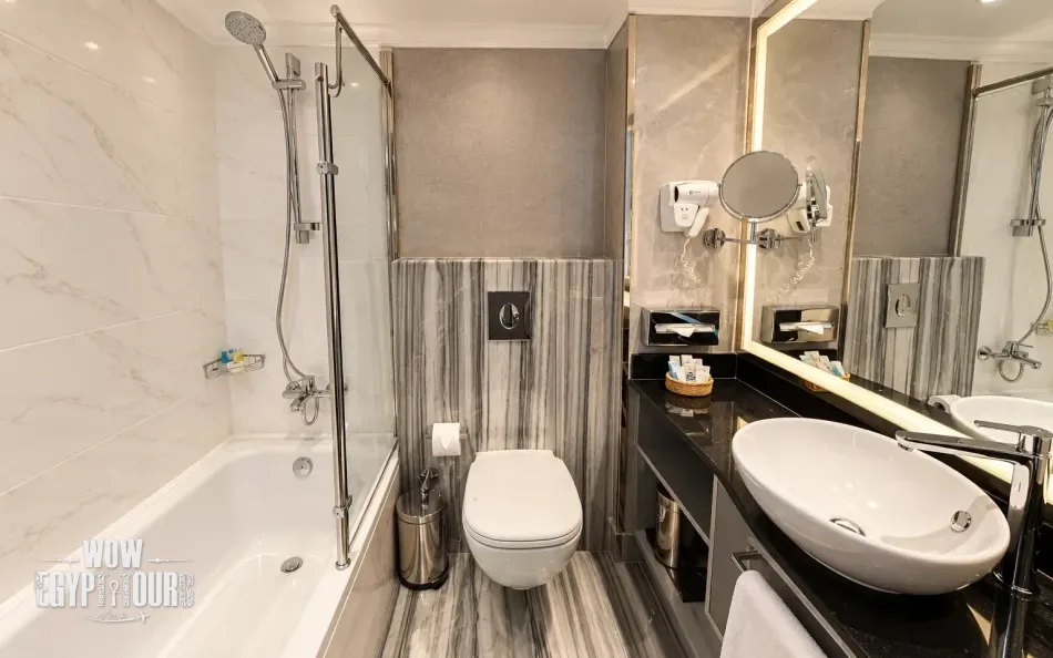 Private cabin bathroom aboard Concerto II Nile Cruise