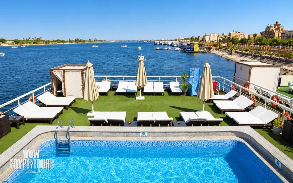 Outdoor swimming pool on the sun deck of Nile Plaza Nile Cruise