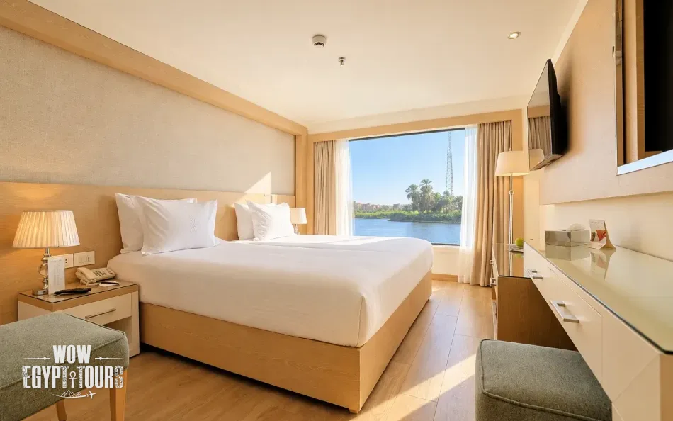Standard cabin with Nile River view aboard Acamar Nile Cruise