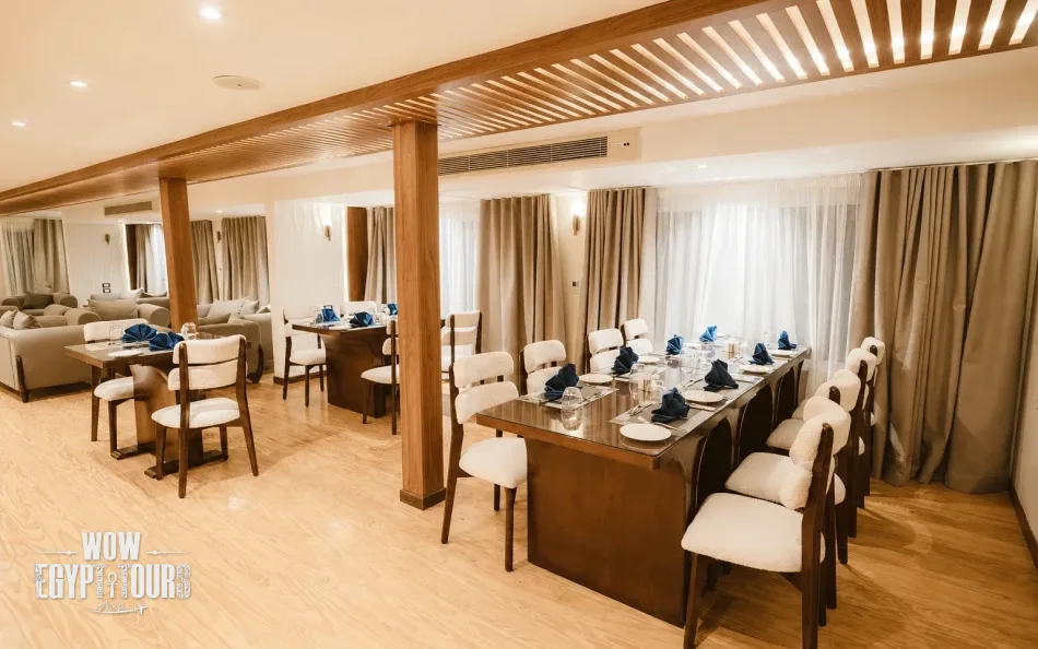 Indoor dining area aboard Swan Dahabiya Nile Cruise