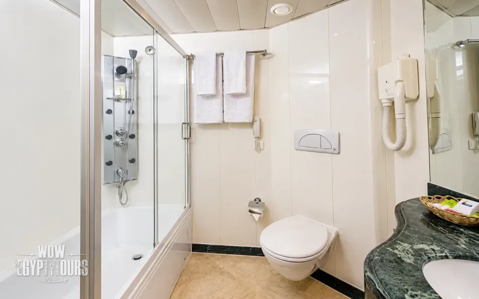 Private cabin bathroom aboard Royal La Terrasse Nile Cruise