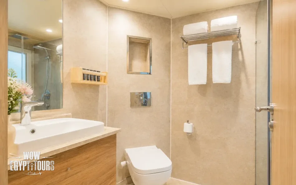 Private cabin bathroom aboard Merit Dahabiya Nile Cruise