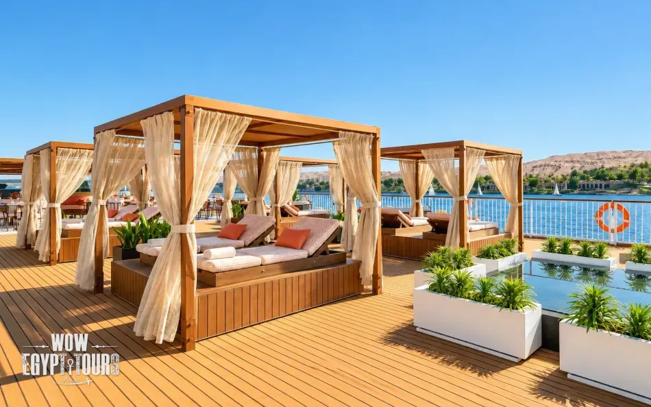 Shaded lounge area on the sun deck of Tulip Nile Cruise