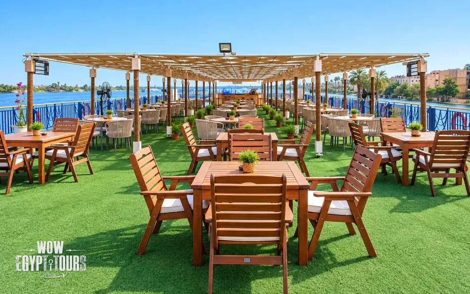 Outdoor seating area on the sun deck of Amwaj Nile Cruise