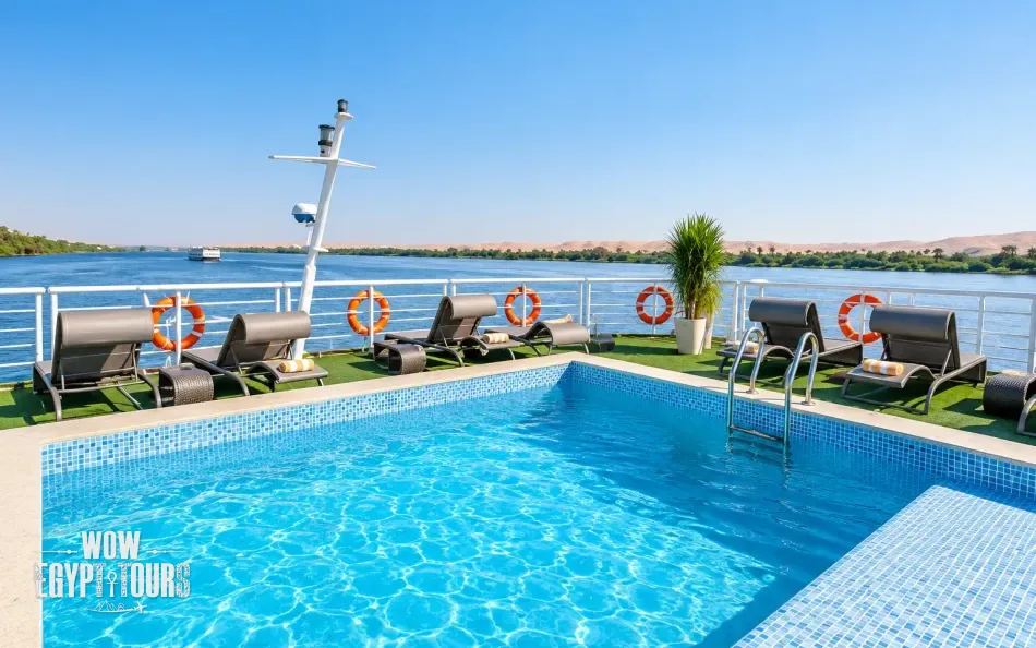 Outdoor swimming pool on the sun deck of Le Fayan Nile Cruise