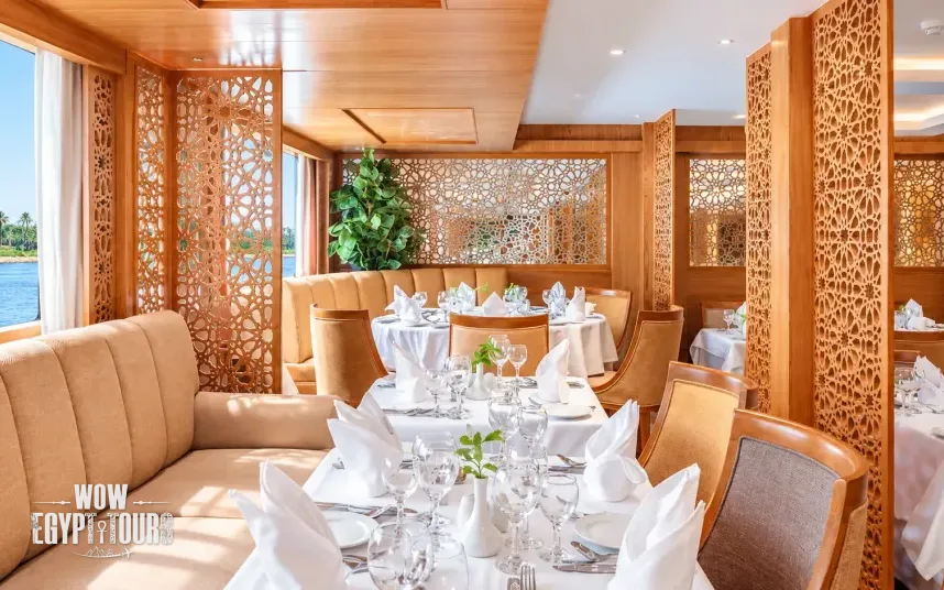 Restaurant and dining area aboard Jaz Bahareya Nile Cruise