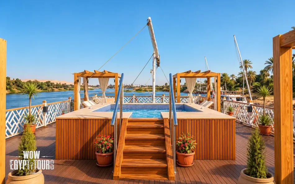 Outdoor jacuzzi on the sun deck of Merit II Dahabiya Nile Cruise