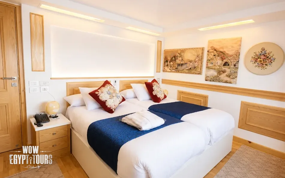 Interior view of a double cabin aboard Gardenia Dahabiya Nile Cruise