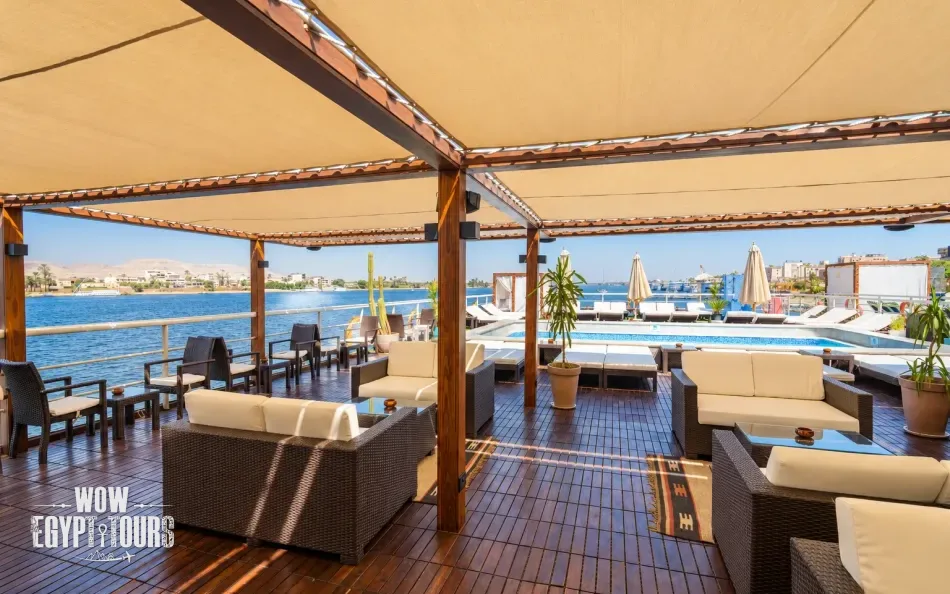 Outdoor seating area on the sun deck of Nile Plaza Nile Cruise