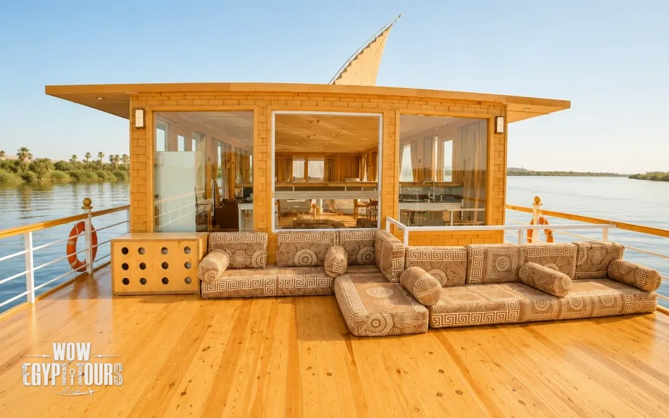Sun deck seating on Akhnaton Dahabiya Nile River Cruise