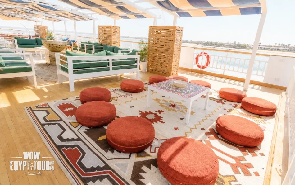 Open-air dining area on the sun deck of Gardenia Dahabiya Nile Cruise