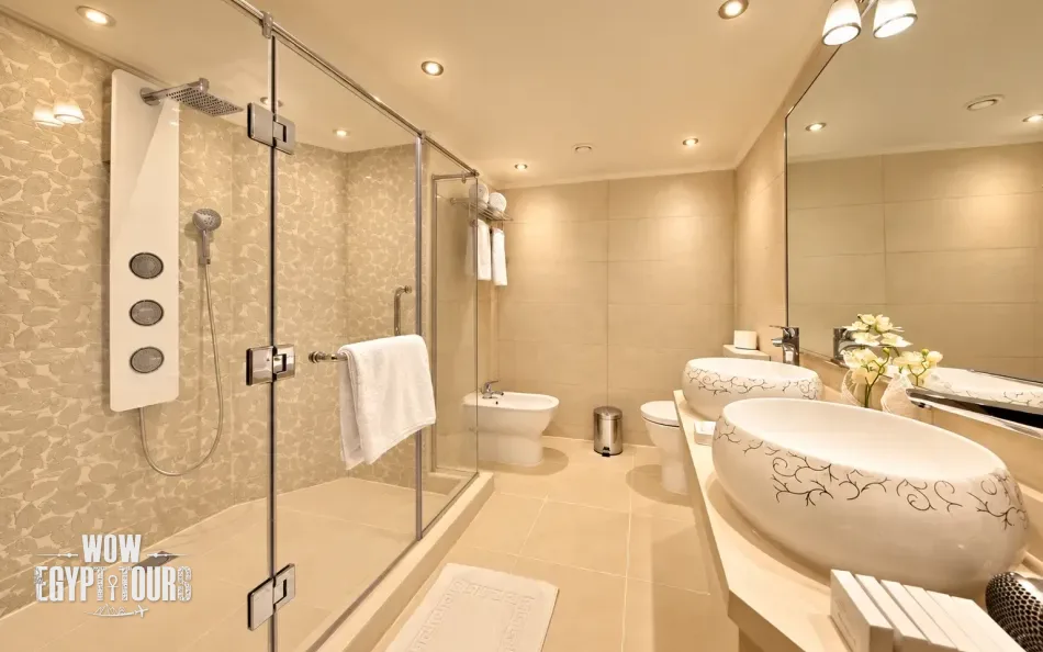 Private bathroom of the Royal Suite aboard Acamar Nile Cruise