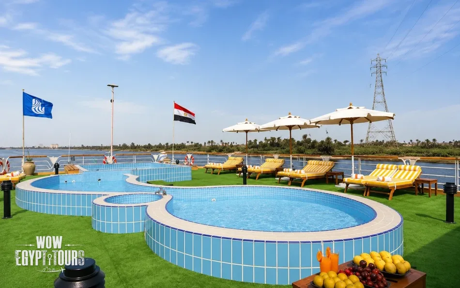 Outdoor swimming pool on the sun deck of Nile Goddess Nile Cruise