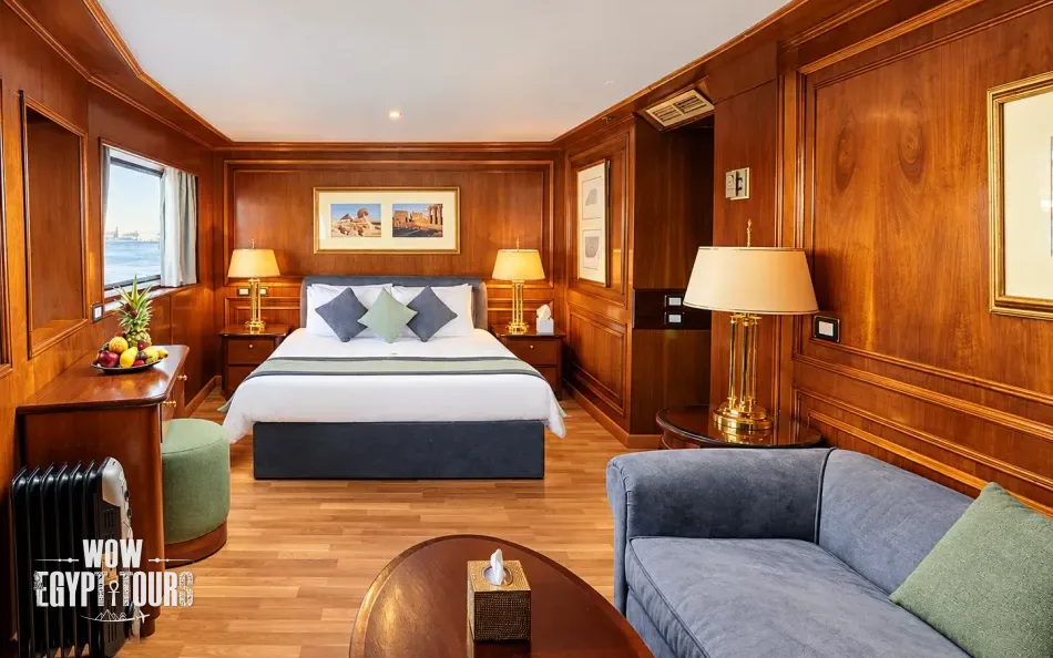 Double cabin with a large bed aboard Salacia Nile Cruise