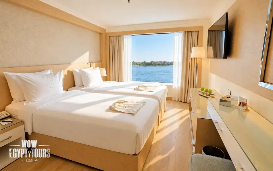 Twin standard cabin with two separate beds aboard Acamar Nile Cruise