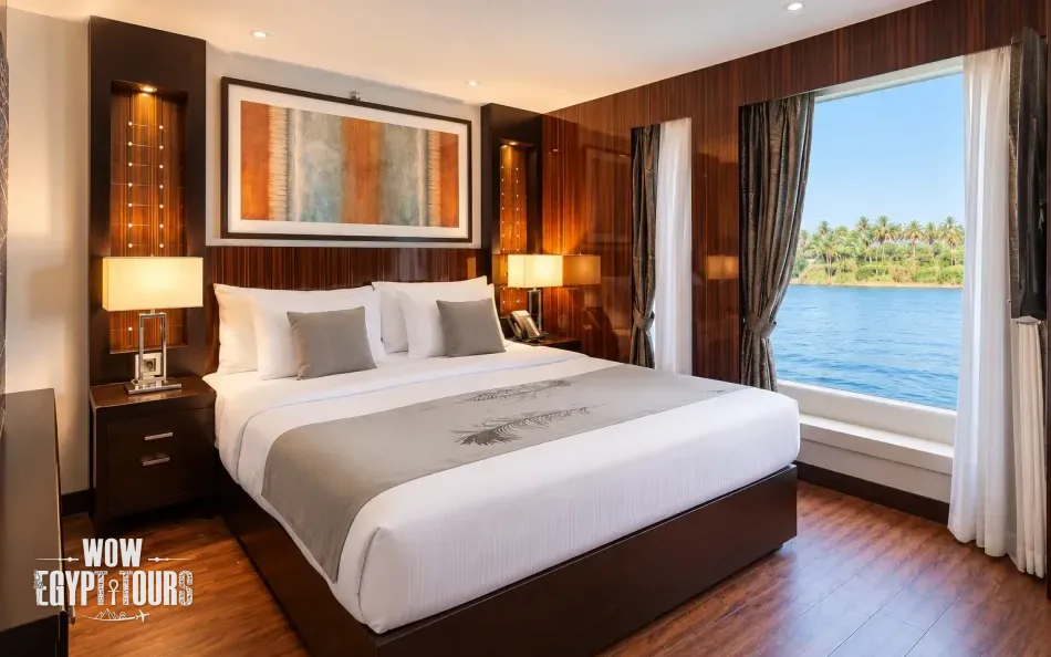 Spacious suite with seating area and Nile River views aboard Le Fayan Nile Cruise