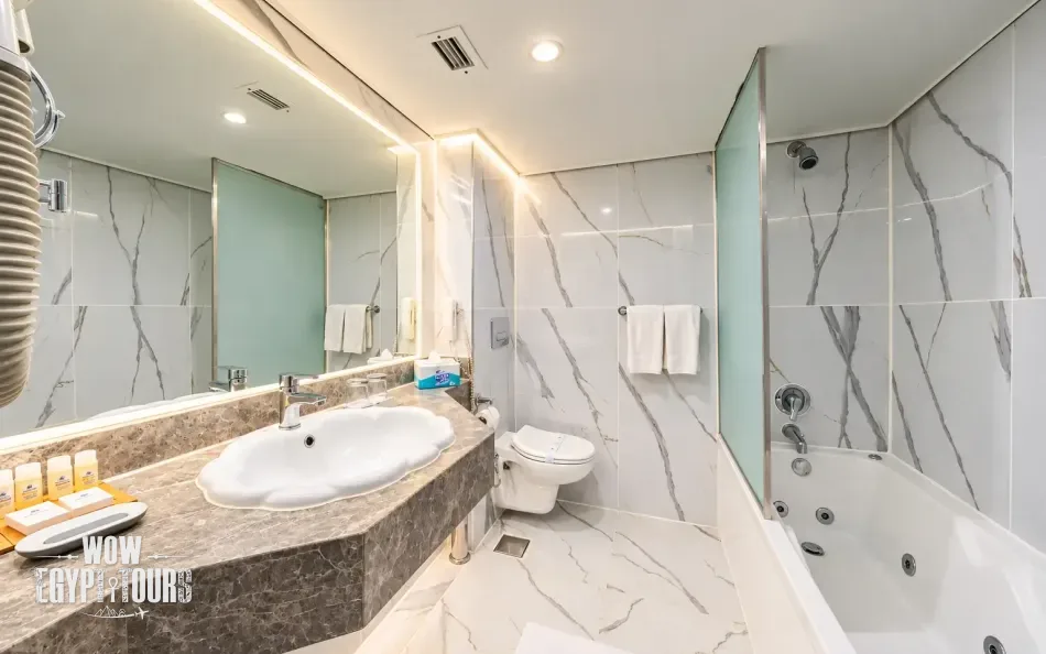 Bathroom interior with bathtub aboard Nile Story Nile Cruise