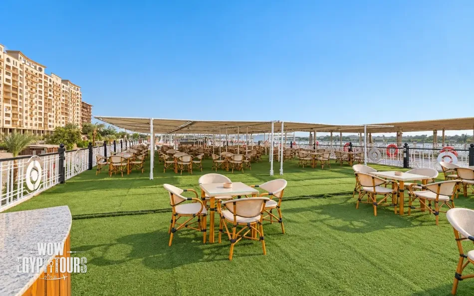 Outdoor seating area on the sun deck of Mojito Nile Cruise