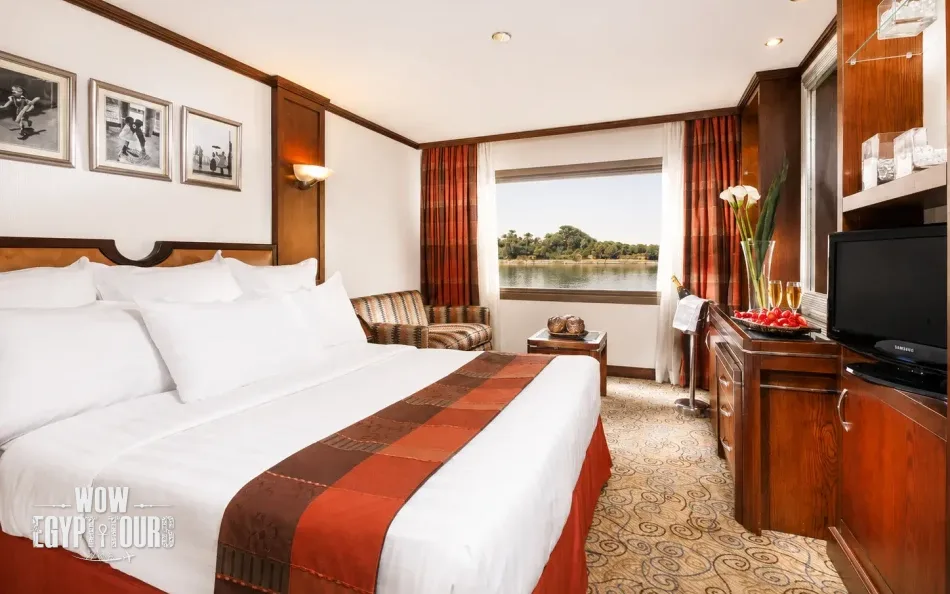 Double cabin with a large bed aboard Nile Goddess Nile Cruise