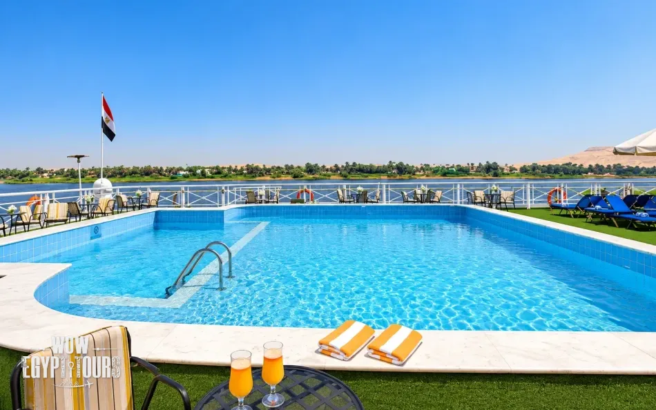 Outdoor swimming pool on the sun deck of Jaz Crown Emperor Nile Cruise