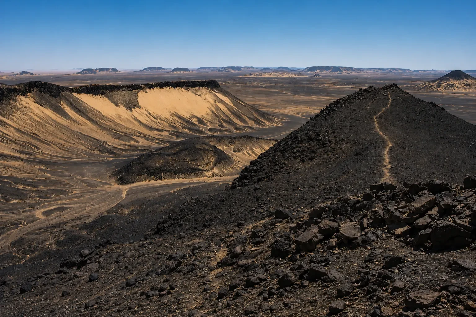 Black Desert in Egypt – Ancient Volcanic Dolerite Hills and Conical Mountains of the Western Desert