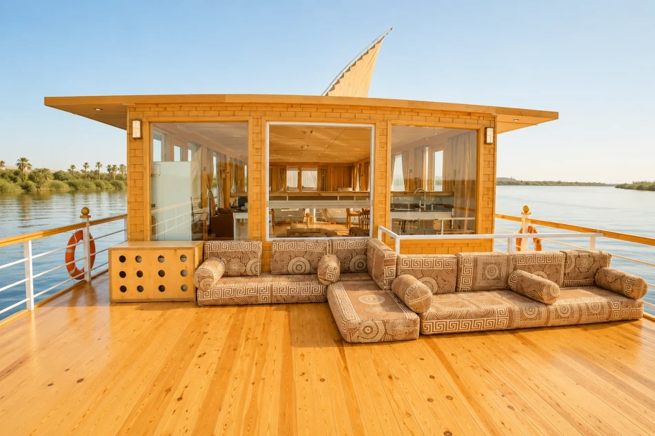 Sun deck seating on Akhnaton Dahabiya Nile River Cruise