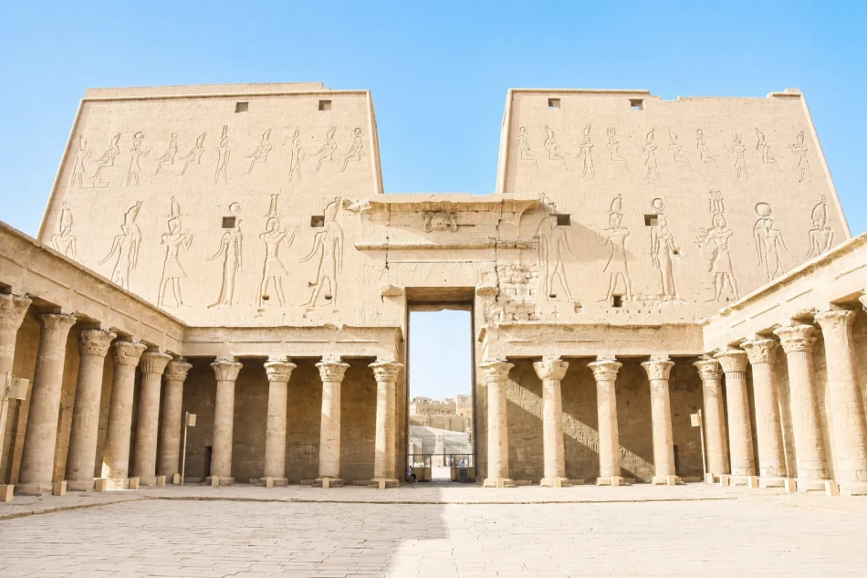 Temple of Horus at Edfu visited during a Dahabiya Nile cruise from Luxor to Aswan.