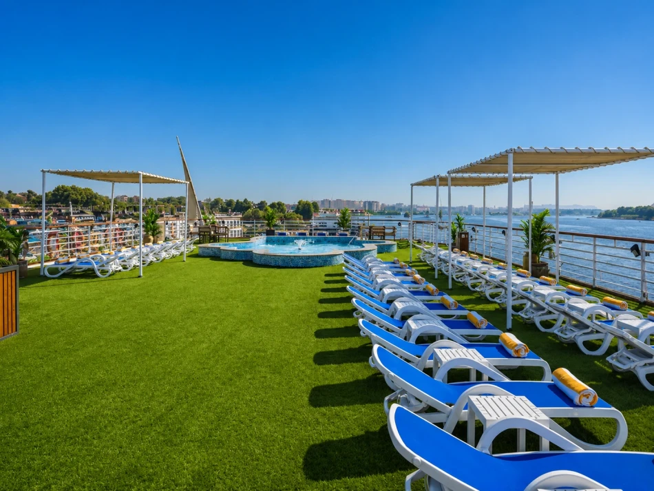 Outdoor sun deck seating area aboard Blue Shadow Nile Cruise