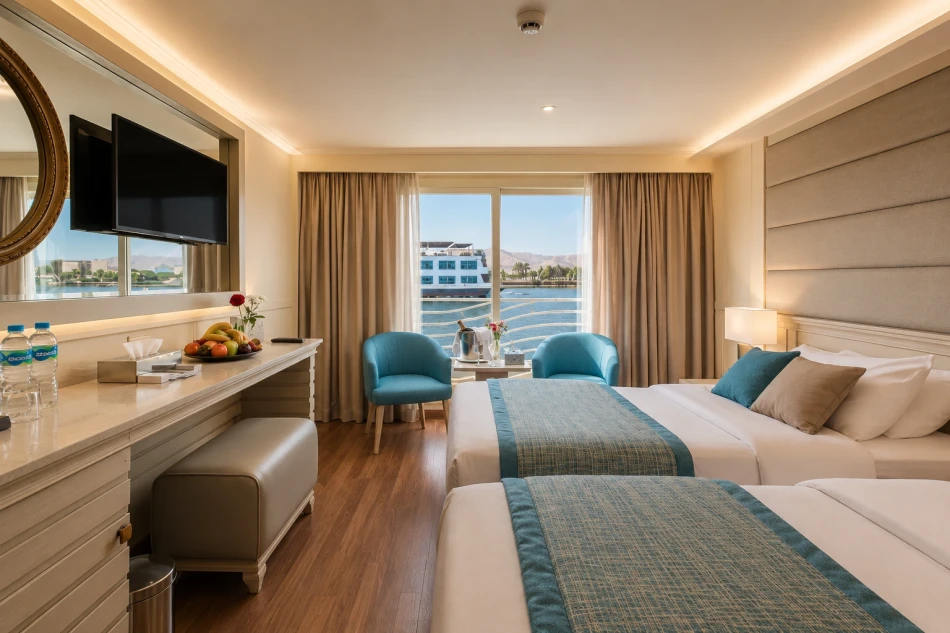 Double cabin with a large bed aboard Concerto Plus Nile Cruise