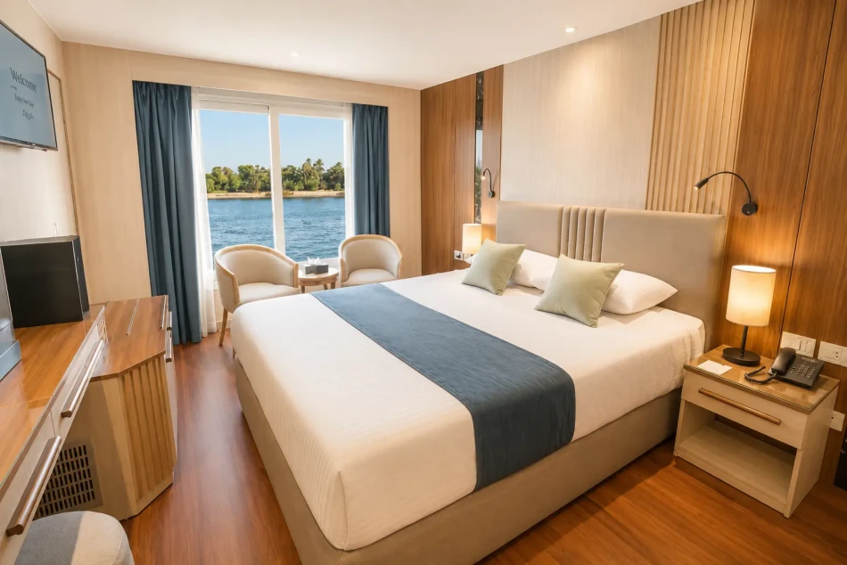 Double cabin with a large bed aboard Renaissance Nile Cruise