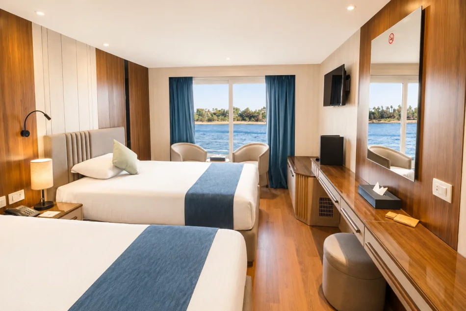 Twin cabin with two separate beds aboard Renaissance Nile Cruise