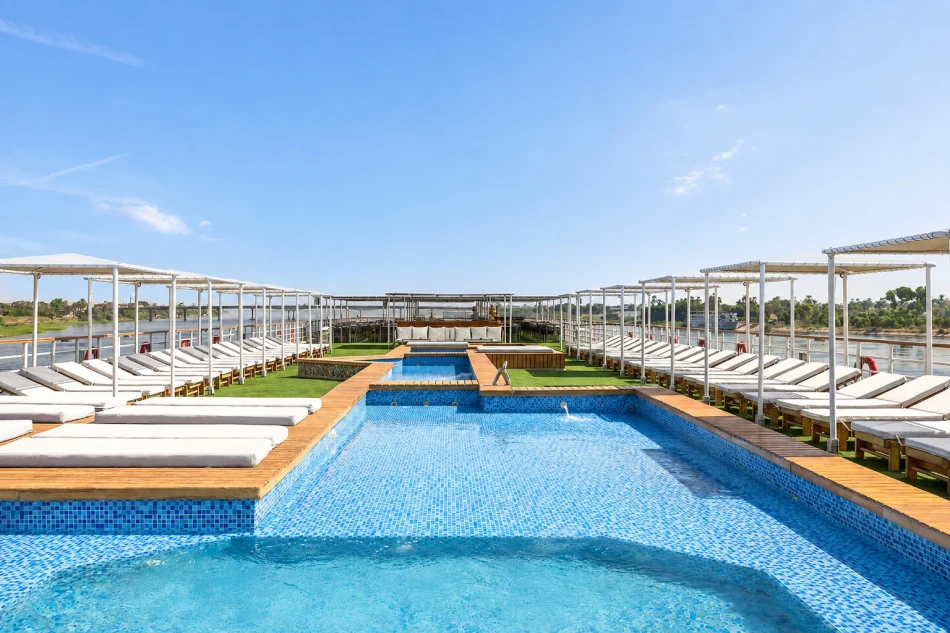 Outdoor swimming pool on the sun deck of Radamis I Nile Cruise