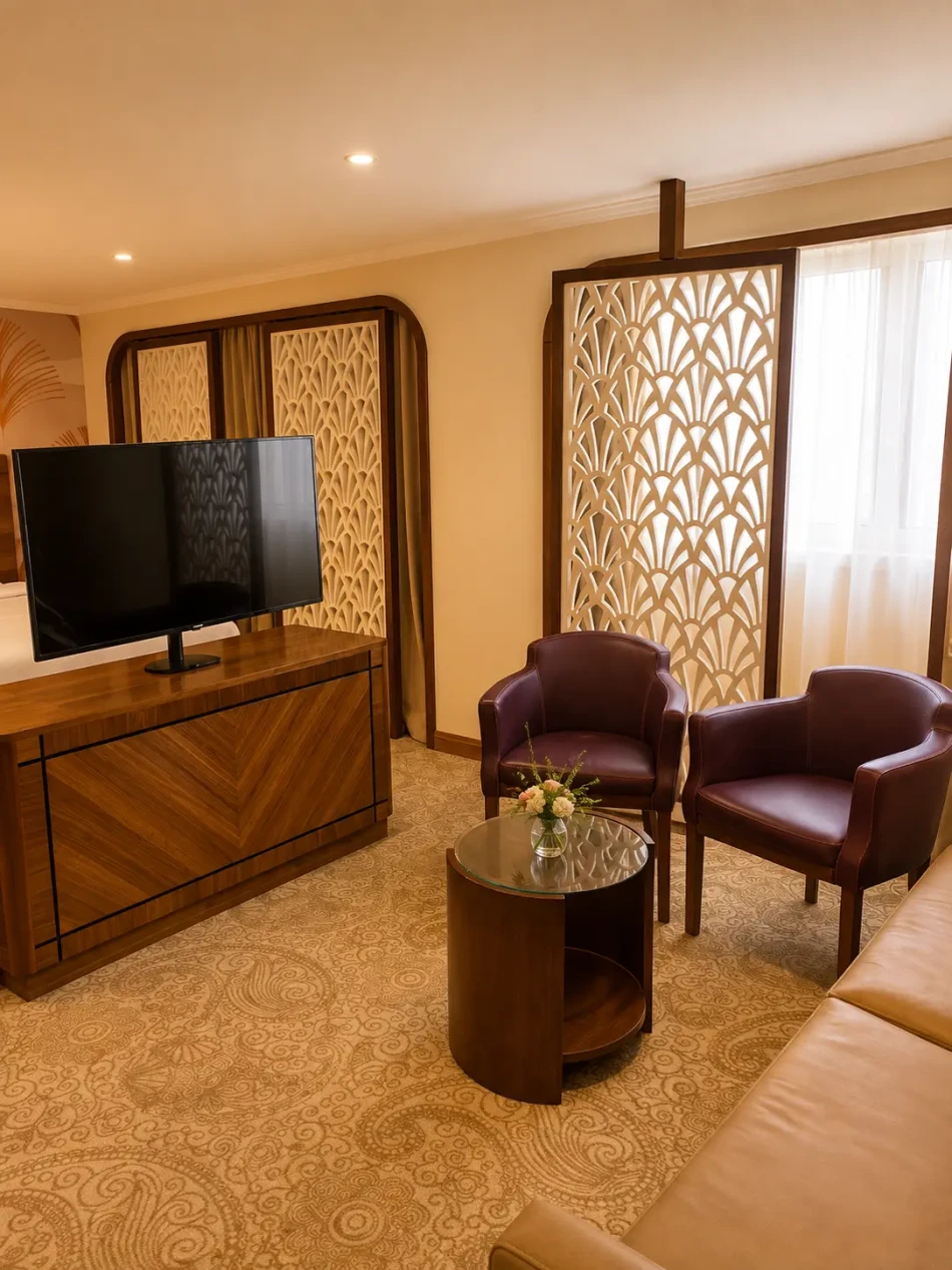 Suite seating area with chairs and television aboard Radamis I Nile Cruise