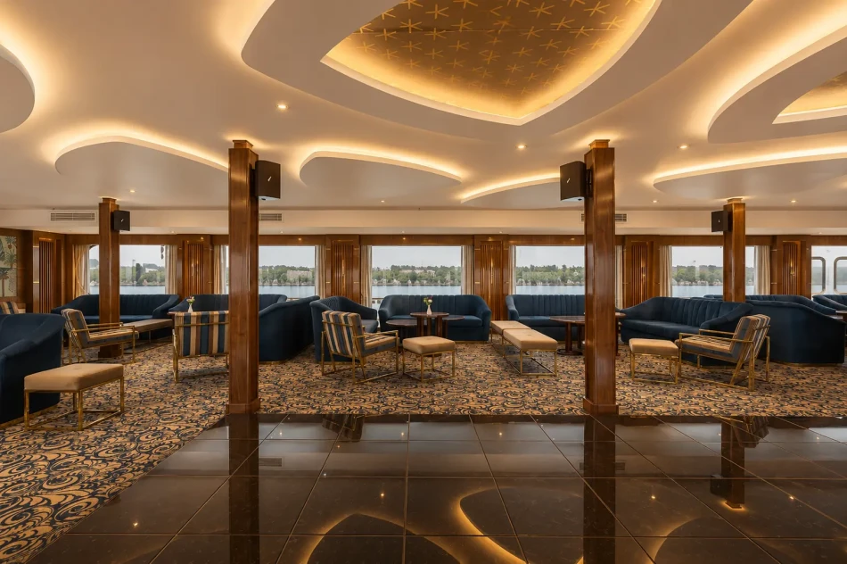 Panoramic lounge with seating aboard Radamis I Nile Cruise
