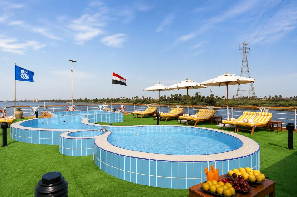 Outdoor swimming pool on the sun deck of Nile Goddess Nile Cruise