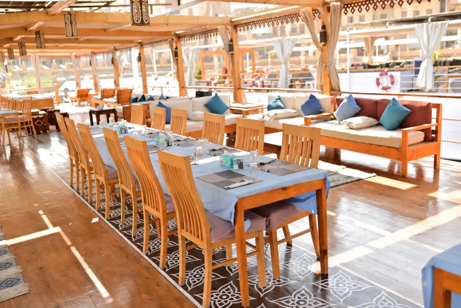 Dining table aboard Turquoise Dahabiya Nile Cruise
