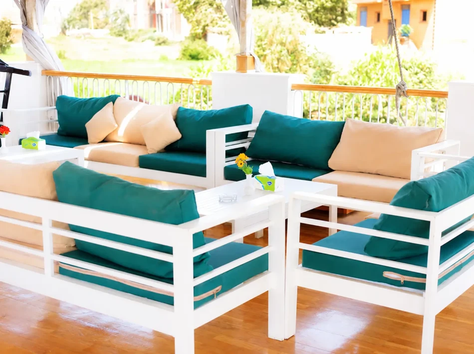 Outdoor lounge seating area aboard Gorgonia Dahabiya Nile Cruise