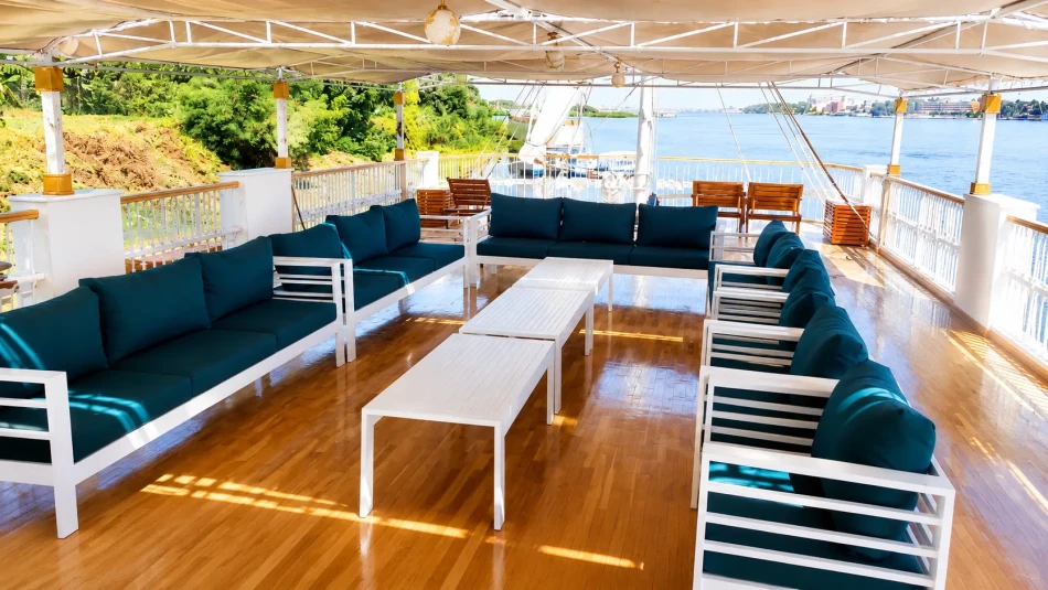 Outdoor sun deck aboard Gorgonia Dahabiya Nile Cruise