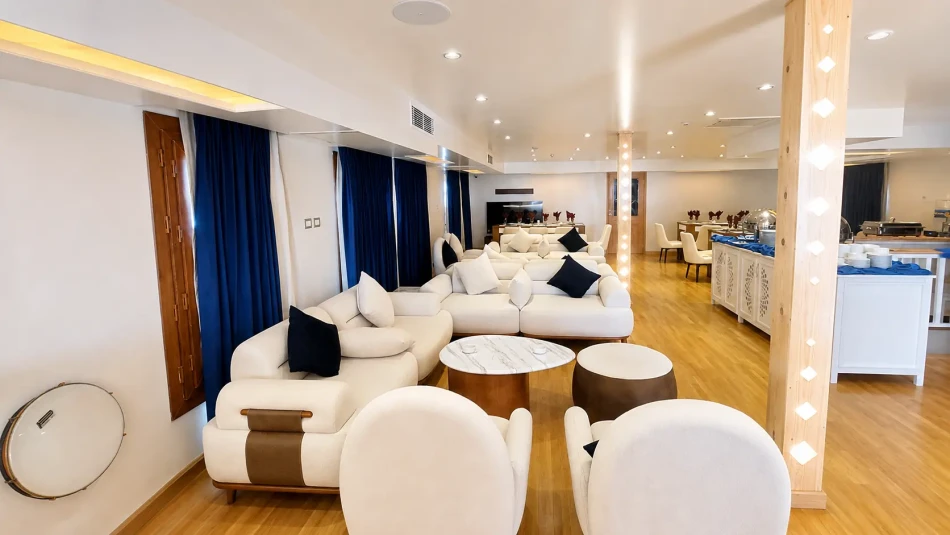 Indoor dining area aboard Gardenia Dahabiya Nile Cruise