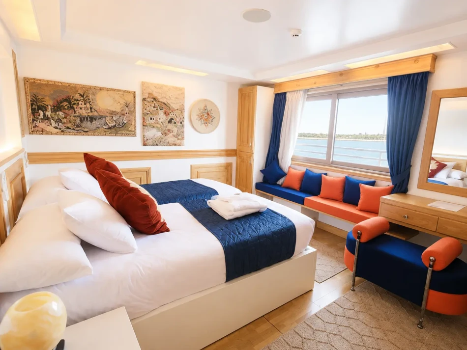 Double cabin with a large bed aboard Gardenia Dahabiya Nile Cruise