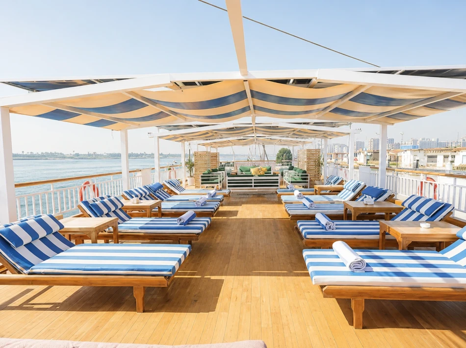 Sun loungers on the sun deck of Gardenia Dahabiya Nile Cruise