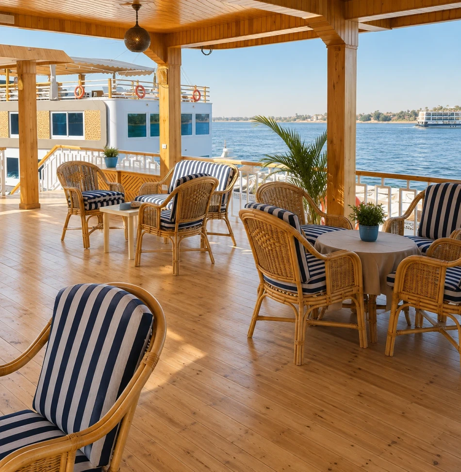 Open-air dining area on the sun deck of Étoile d'Égypte Dahabiya Nile Cruise